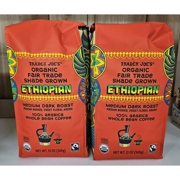 Trader Joe's Organic Ethiopian Medium Dark Roast Whole Bean Coffee 13oz 369g (2 Bags)