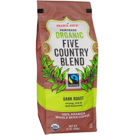 Trader Joe's Organic Five Country Blend Fairtrade Dark Roast 100% Arabica Whole Bean Coffee 13 oz