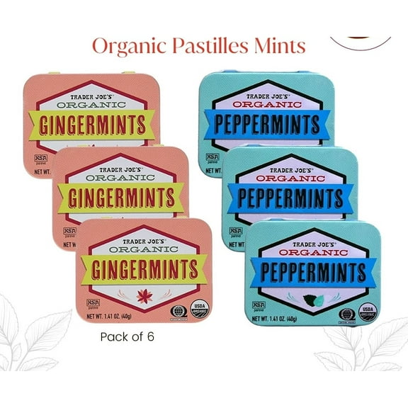 Trader Joes Organic Pastilles Bundle Gingermints & Peppermints, 1.41 oz Tins (2 Flavors, 3-Pack Each, 6 Total Tins)