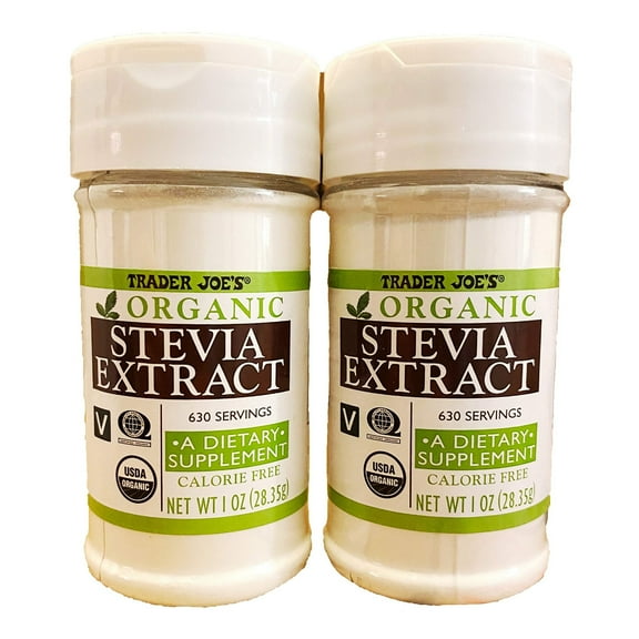 Trader Joes Organic Stevia Extract Calorie-Free, Pure Plant-Based Sweetener, Pack of 2, 1 Oz. (630 Servings)