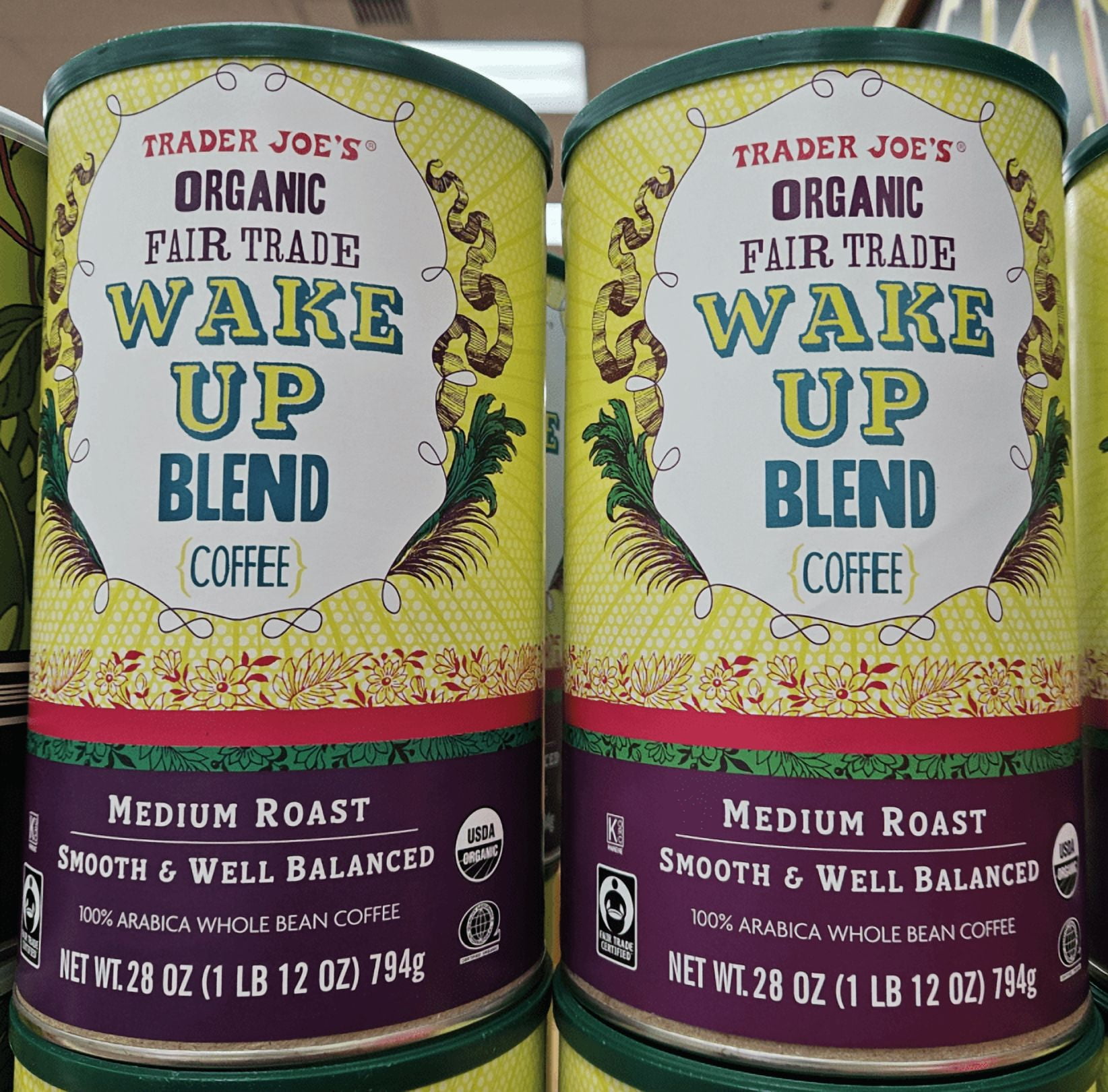 Trader Joe’s Organic Wake Up Blend Medium Roast Whole Bean Coffee 28oz 794g (2 Rolls)