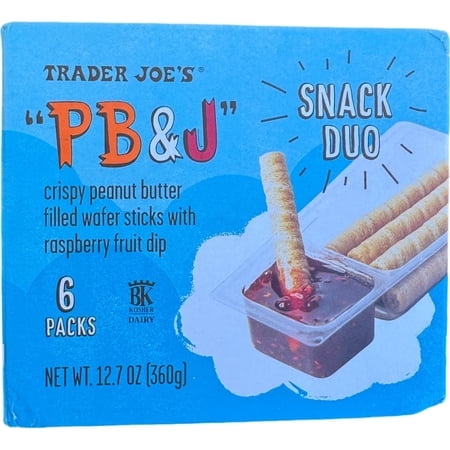Trader Joe's PB&J Snack Duo, crispy peanut butter filled wafer sticks with raspberry fruit dip (6 packs)