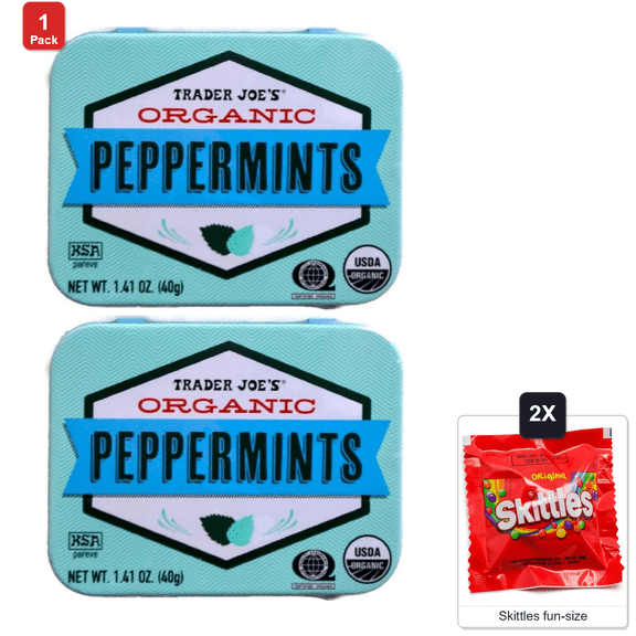 Trader Joe's Peppermints, 2 Tins x 1.41 oz Each, with 2 Skittles Fun Size