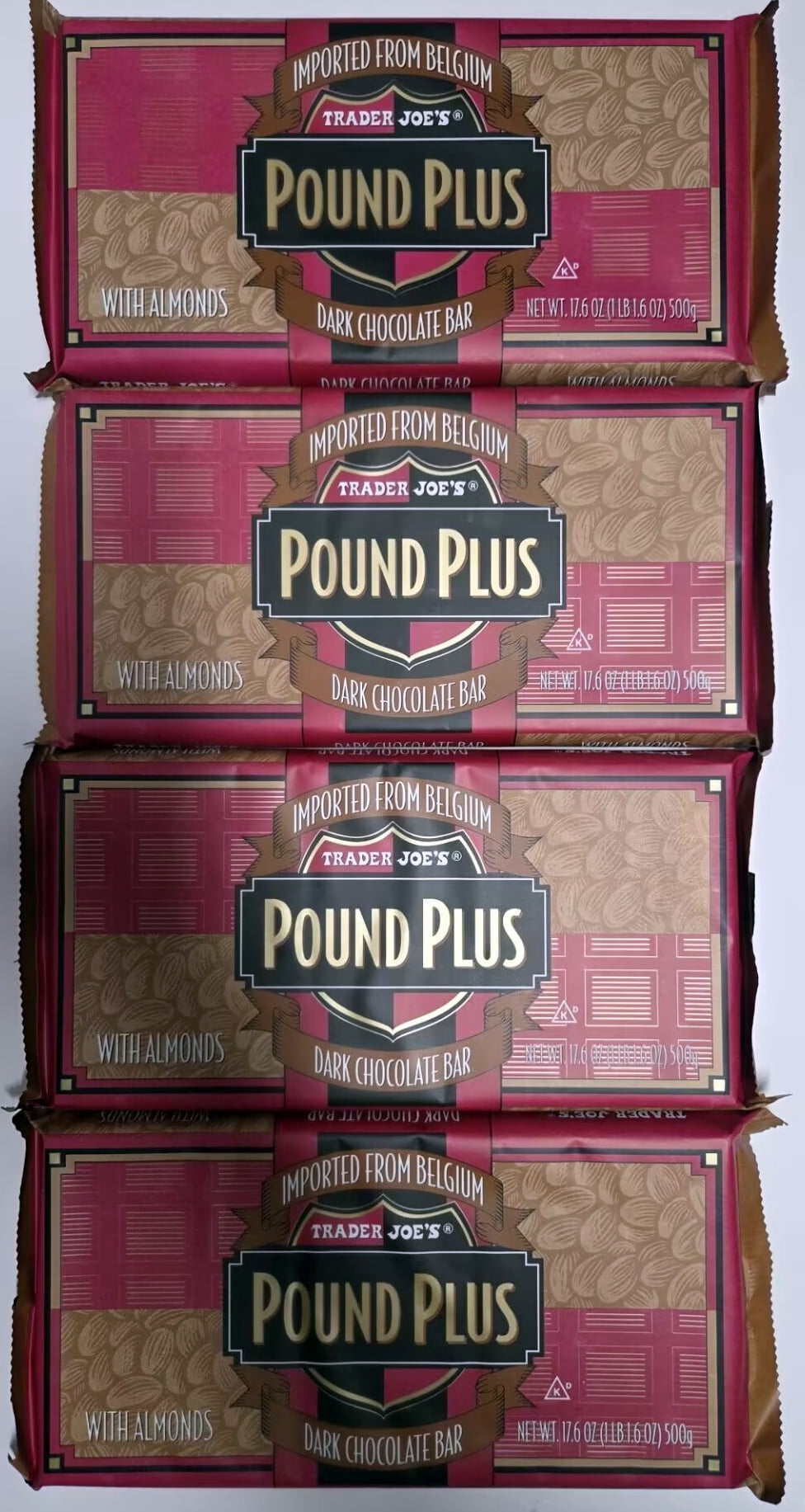 Trader Joe's Pound Plus Belgium Dark Chocolate Bar with Almonds 17.6oz 500g (4 Bars)