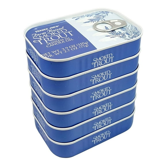 Trader Joe's Smoked Trout Fillets in Canola Oil Skinless, Gently Smoked, Ready-to-Eat 3.9 Oz. Tin, Pack of 6