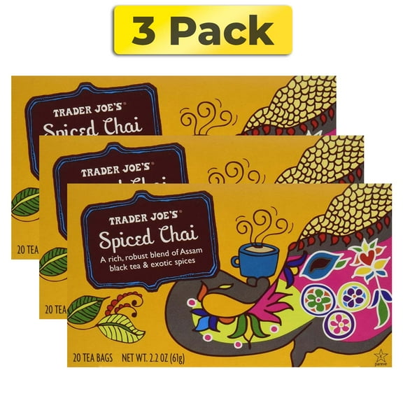 Trader Joe's Spiced Chai (A Robust Blend of Assam Black Tea & Exotic Spices), 20 Tea Bags, 22 oz, 3 Pack
