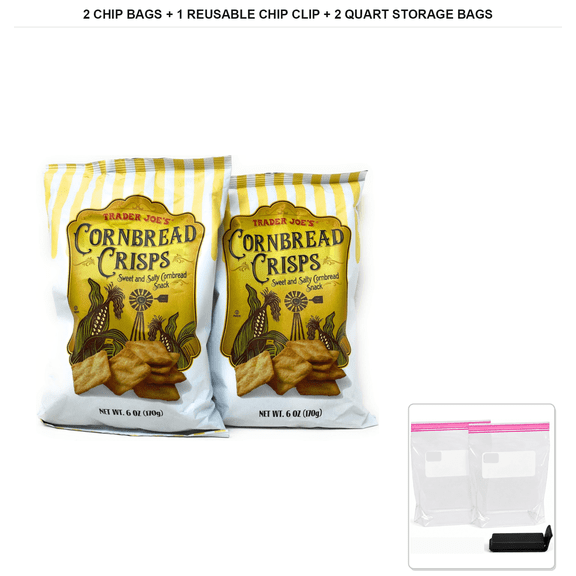 Trader Joe's Sweet & Salty Cornbread Crisps, 2 Bags x 6 oz + 1x Reusable Chip Clip & 2x Quart Resealable Food Storage Bags