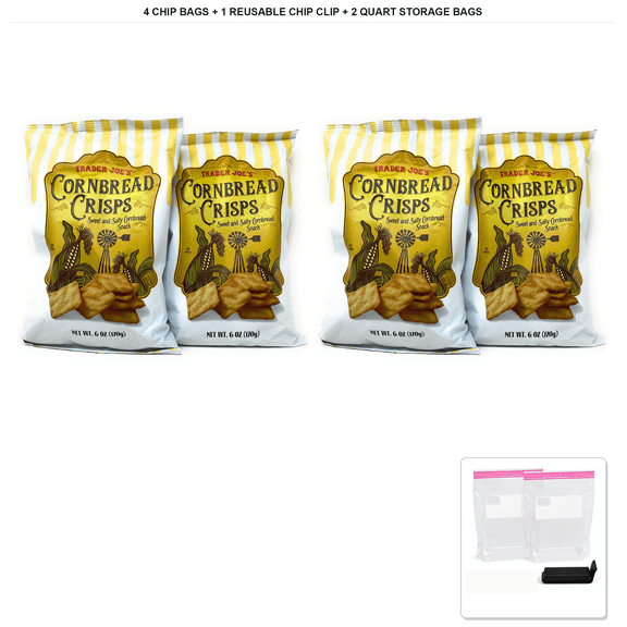 Trader Joe's Sweet & Salty Cornbread Crisps, 4 Bags x 6 oz + 1x Reusable Chip Clip & 2x Quart Resealable Food Storage Bags