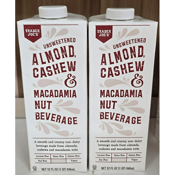 Trader Joe's Unsweetened Almond Cashew & Macadamia Nut Beverage 32fl oz 946ml (2 Cartons)