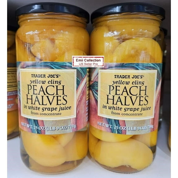 Trader Joe's Yellow Cling Peach Halves in white grape juice from concentrate 25oz 700g (2 Bottles)