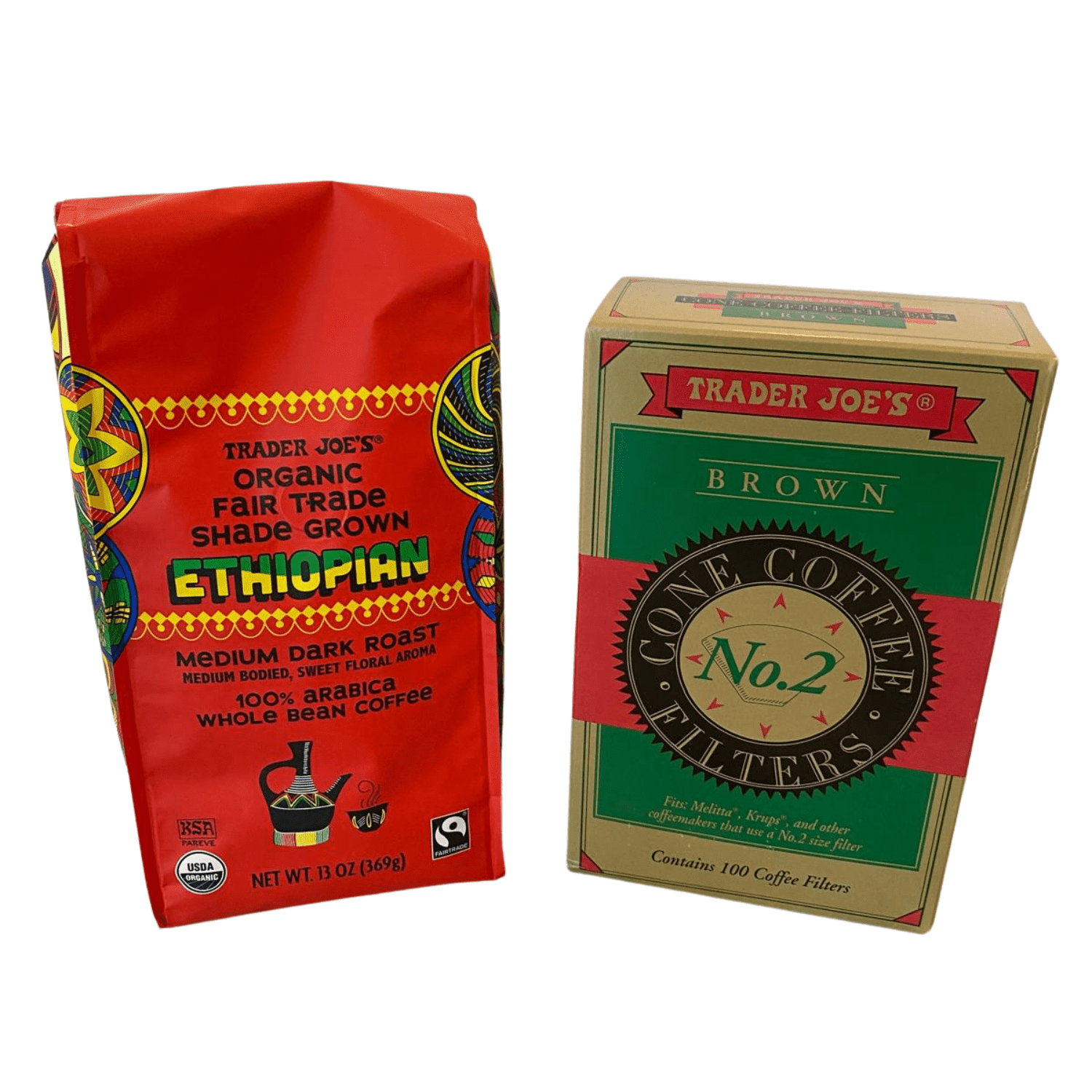Trader Joes Organic Ethiopian Whole Bean Coffee & No. 2 Cone Coffee Filters  Medium Dark Roast Arabica, 13 oz - Pack of 2
