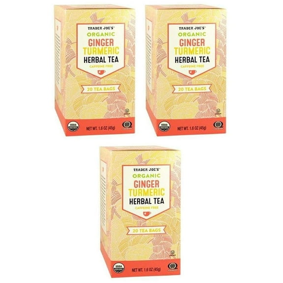Trader Joes Organic Ginger Turmeric Herbal Tea 20 Tea Bags (One Pack)-set of 3