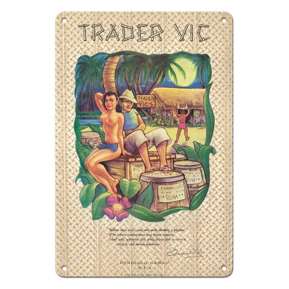 Trader Vic’s Restaurant Menu - Honolulu Hawaii - Vintage Menu Cover c.1949 - 8 x 12 inch Vintage Metal Tin Sign