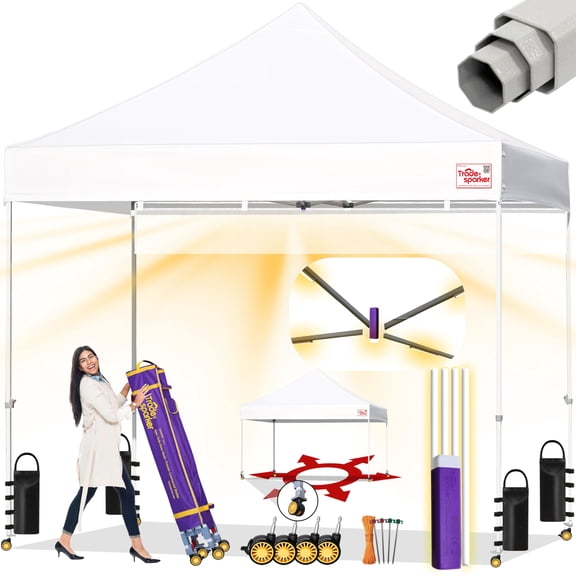 Tradesparker 8x8 Pop Up Canopy Tent,Commercial Movable Canopy with ApexCore LED&Rugged Casters-Instant Easy Setup Shelter Canopies with Weight Bags&Stakes for Outdoor Events Markets Vendors,White