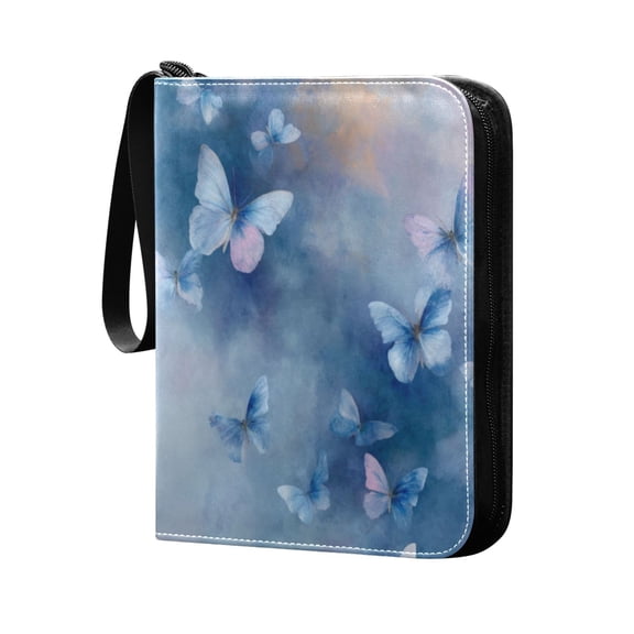 Trading Card Binder 400 Capacity PU Leather Zippered Collection Card Album for Sports Game Cards Blue Butterflies Flying