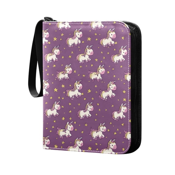 Trading Card Binder 400 Capacity PU Leather Zippered Collection Card Album for Sports Game Cards Cartoon Unicorns and Stars