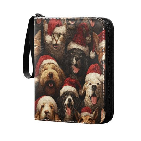 Trading Card Binder 400 Capacity PU Leather Zippered Collection Card Album for Sports Game Cards Cats and Dogs in Santa Claus Hats
