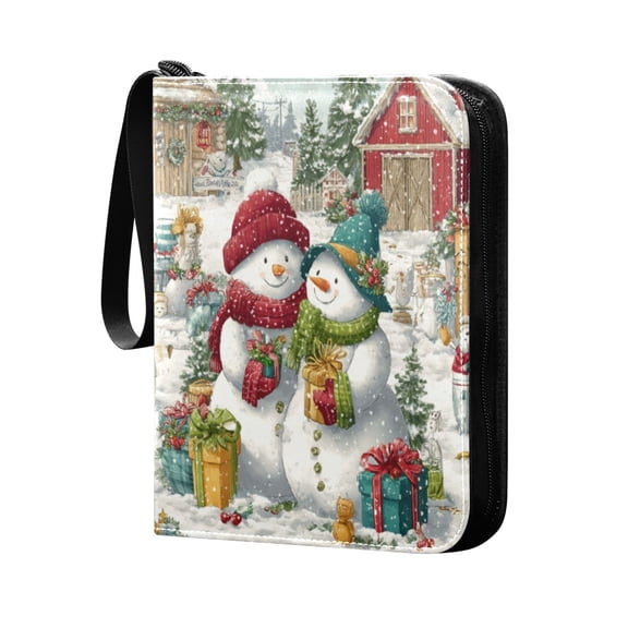Trading Card Binder 400 Capacity PU Leather Zippered Collection Card Album for Sports Game Cards Christmas Design with Snowmen