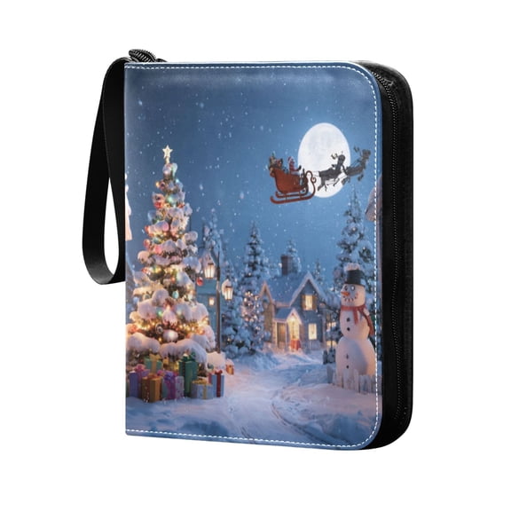 Trading Card Binder 400 Capacity PU Leather Zippered Collection Card Album for Sports Game Cards Christmas Night Scene