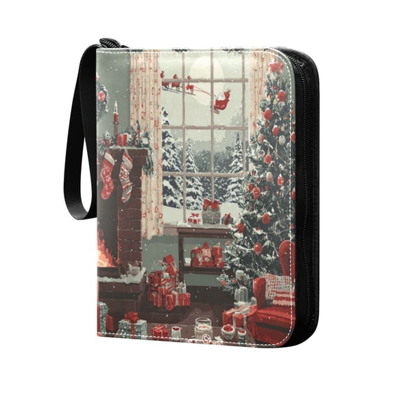 Trading Card Binder 400 Capacity PU Leather Zippered Collection Card Album for Sports Game Cards Christmas Scene with Room