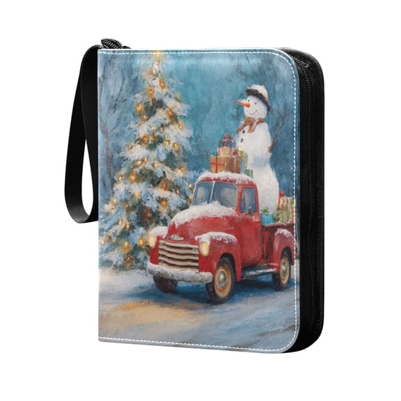 Trading Card Binder 400 Capacity PU Leather Zippered Collection Card Album for Sports Game Cards Christmas Snowman in A Red Truck