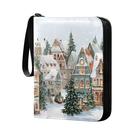 Trading Card Binder 400 Capacity PU Leather Zippered Collection Card Album for Sports Game Cards Cozy Winter Town with Snow
