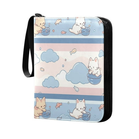 Trading Card Binder 400 Capacity PU Leather Zippered Collection Card Album for Sports Game Cards Cute Cat Pattern