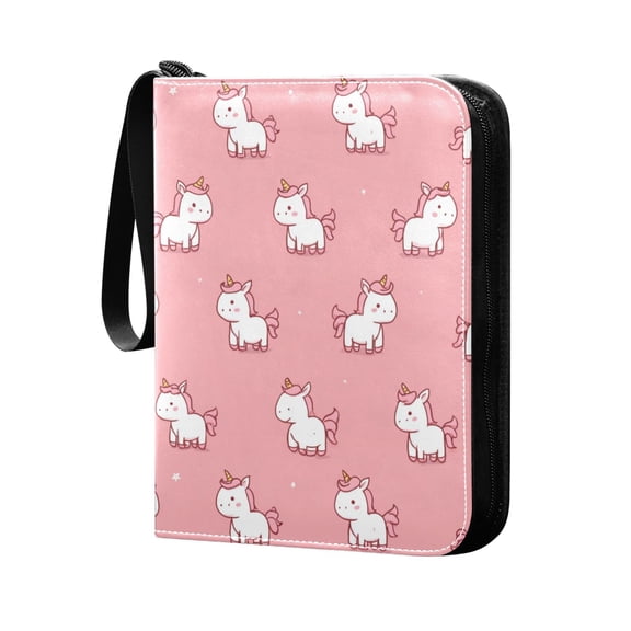 Trading Card Binder 400 Capacity PU Leather Zippered Collection Card Album for Sports Game Cards Cute Unicorns with Pink Background