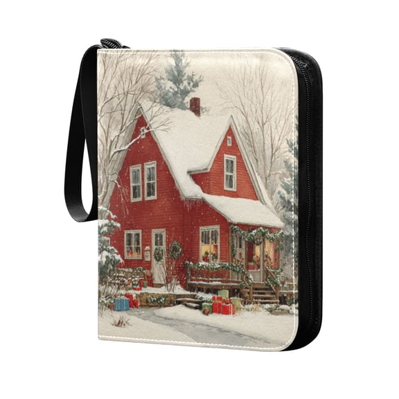 Trading Card Binder 400 Capacity PU Leather Zippered Collection Card Album for Sports Game Cards House with Snow-covered Roof
