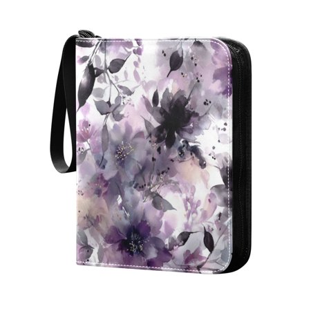 Trading Card Binder 400 Capacity PU Leather Zippered Collection Card Album for Sports Game Cards Light Purple and Black Floral