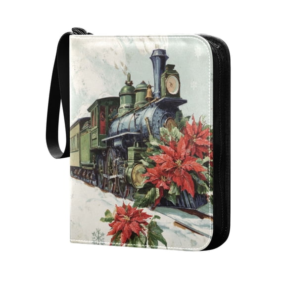 Trading Card Binder 400 Capacity PU Leather Zippered Collection Card Album for Sports Game Cards Old Train with Flowers