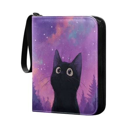 Trading Card Binder 400 Capacity PU Leather Zippered Collection Card Album for Sports Game Cards Purple Sky and Black Cat