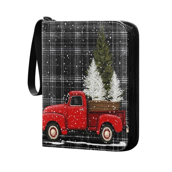 Trading Card Binder 400 Capacity PU Leather Zippered Collection Card Album for Sports Game Cards Red Truck with Christmas Tree