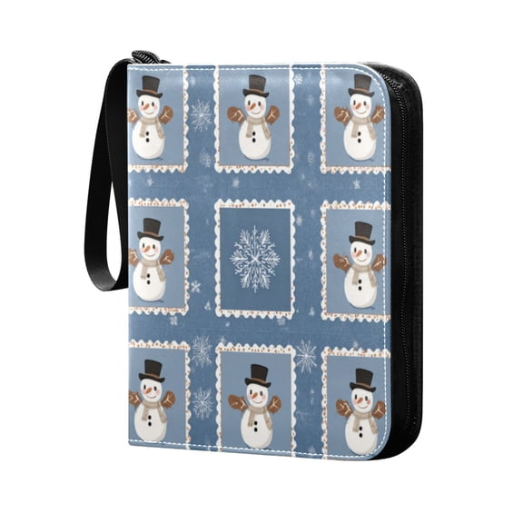 Trading Card Binder 400 Capacity PU Leather Zippered Collection Card Album for Sports Game Cards Smiling Snowmen Wearing Black Hats