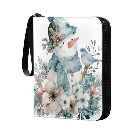 Trading Card Binder 400 Capacity PU Leather Zippered Collection Card Album for Sports Game Cards Snowman with Flowers Bird