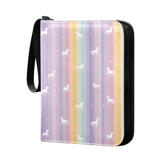 Trading Card Binder 400 Capacity PU Leather Zippered Collection Card Album for Sports Game Cards Unicorns and Rainbow Stripes
