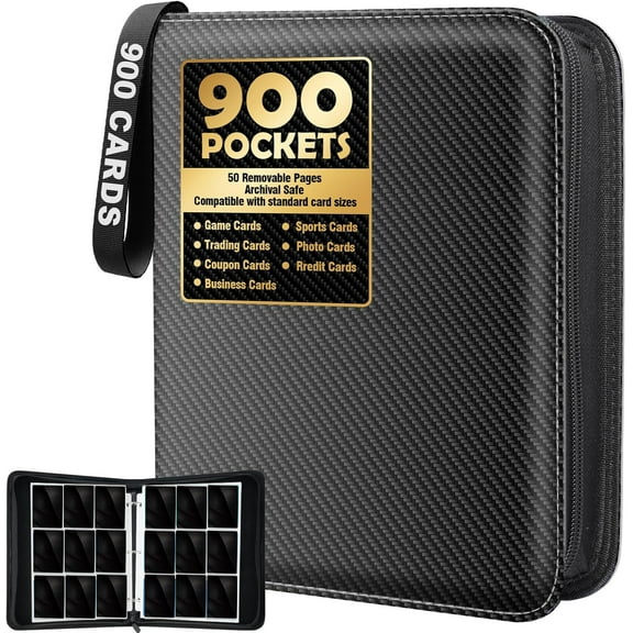 Trading Card Binder, 900 Pockets Sleeves with Zipper, Double Sided Pockets Card Holder Carry Case for Baseball Card, Football Card