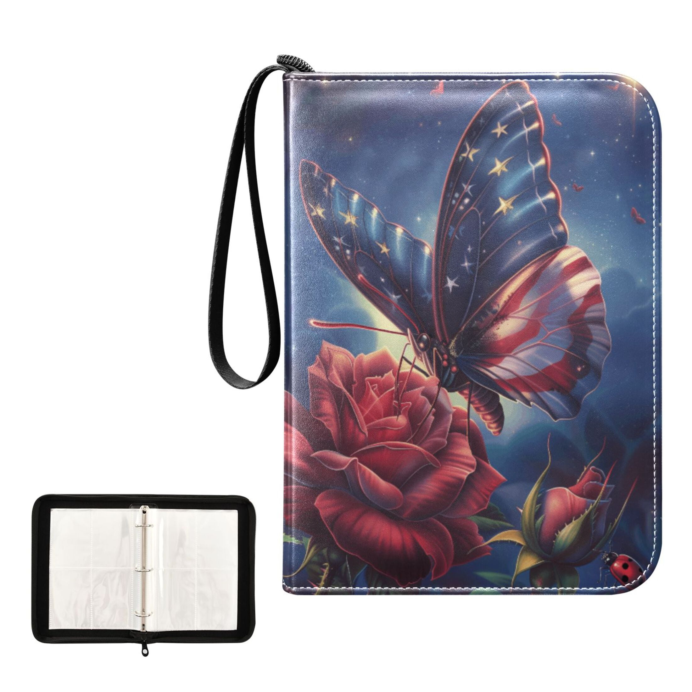 Trading Card Binder Album 400 Pockets 50 Removable 4-Pocket Pages Waterproof American Flag Colored Butterfly with Flower