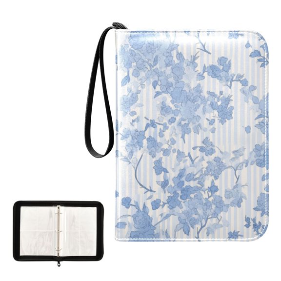 Trading Card Binder Album 400 Pockets 50 Removable 4-Pocket Pages Waterproof Blue White Stripes and Blue Flowers