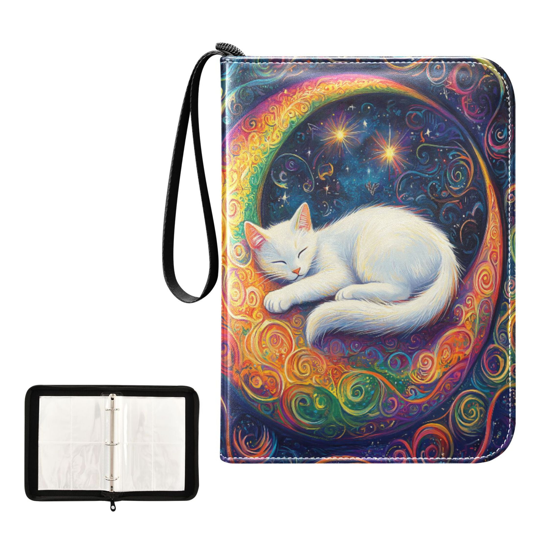 Trading Card Binder Album 400 Pockets 50 Removable 4-Pocket Pages Waterproof Cat Laying on Moon