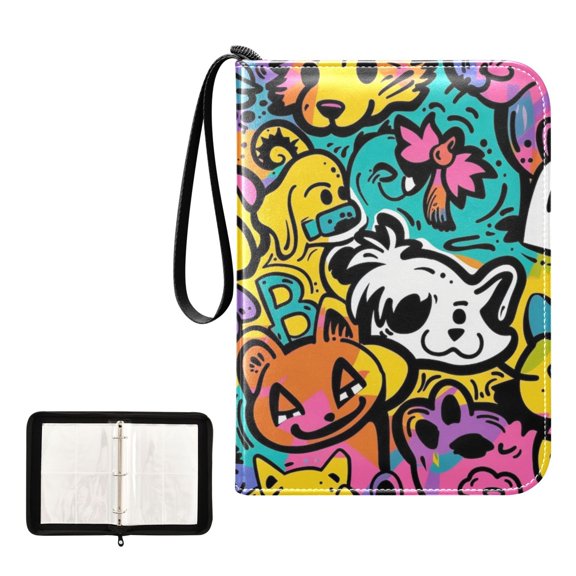 Trading Card Binder Album 400 Pockets 50 Removable 4-Pocket Pages Waterproof Cat and Dog Graffiti