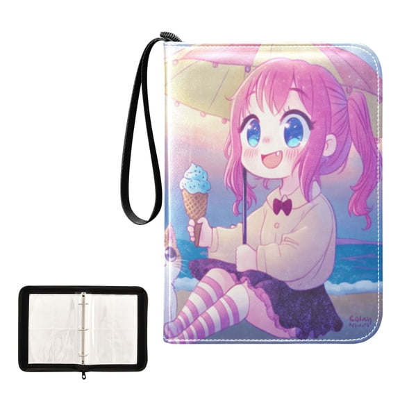Trading Card Binder Album 400 Pockets 50 Removable 4-Pocket Pages Waterproof Cute Girl and Cat on Beach