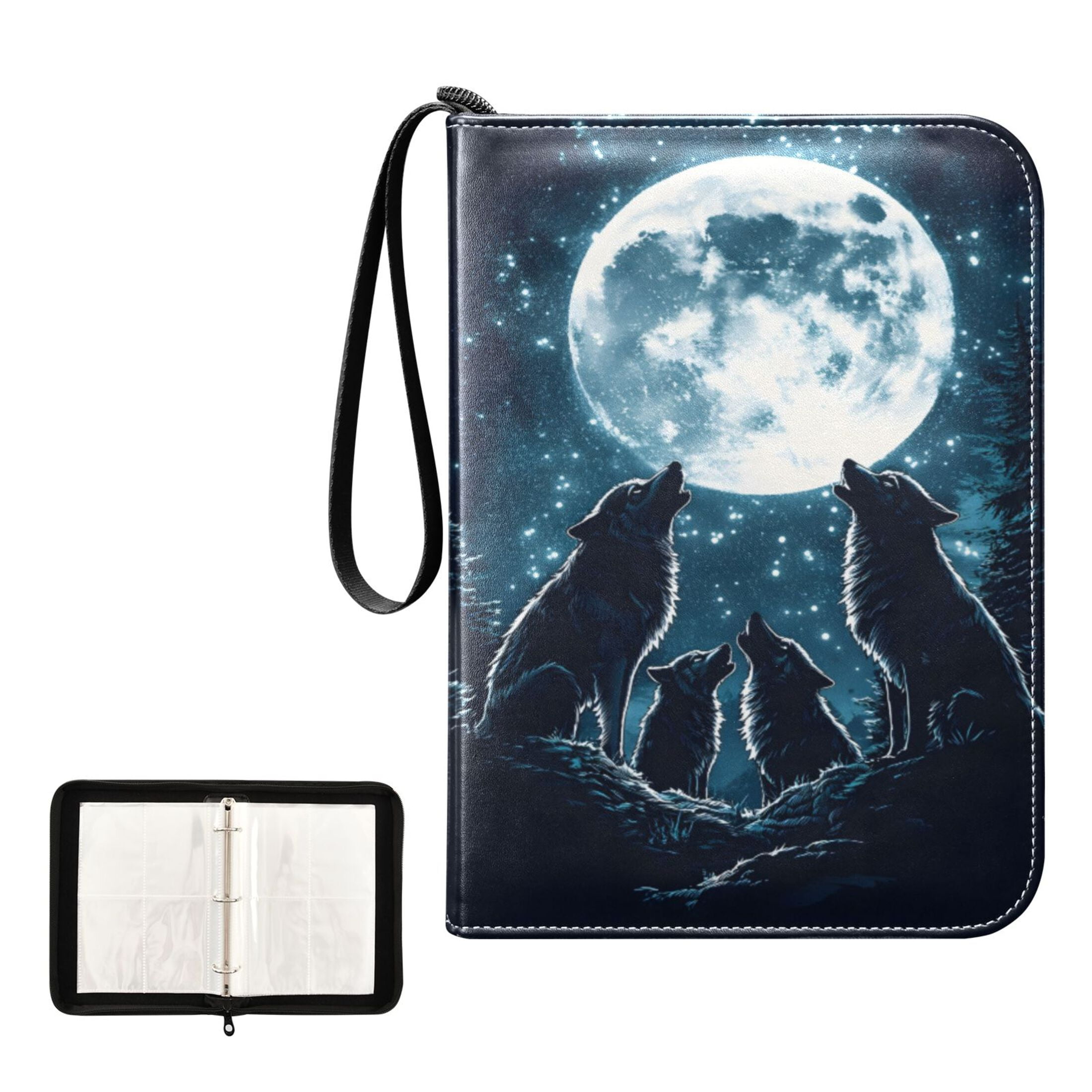 Trading Card Binder Album 400 Pockets 50 Removable 4-Pocket Pages Waterproof Howling Wolves and Moon