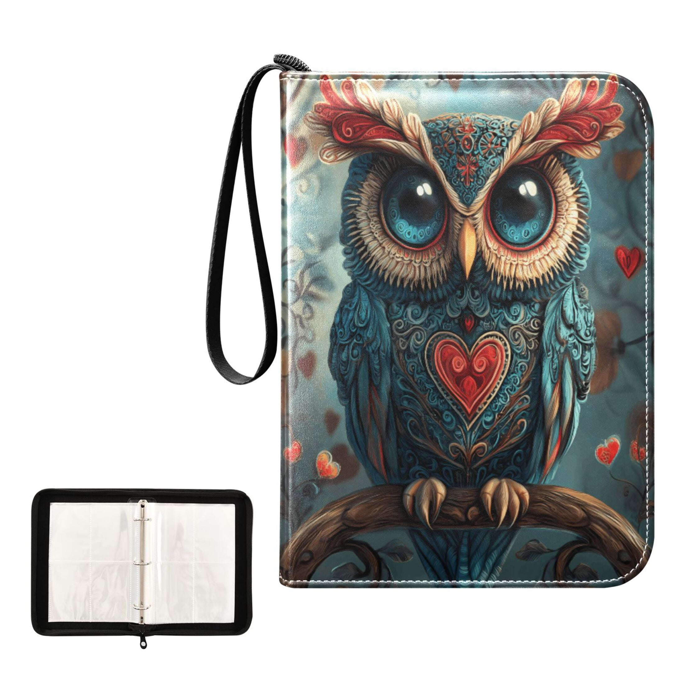 Trading Card Binder Album 400 Pockets 50 Removable 4-Pocket Pages Waterproof Valentines Owl on Tree Branch