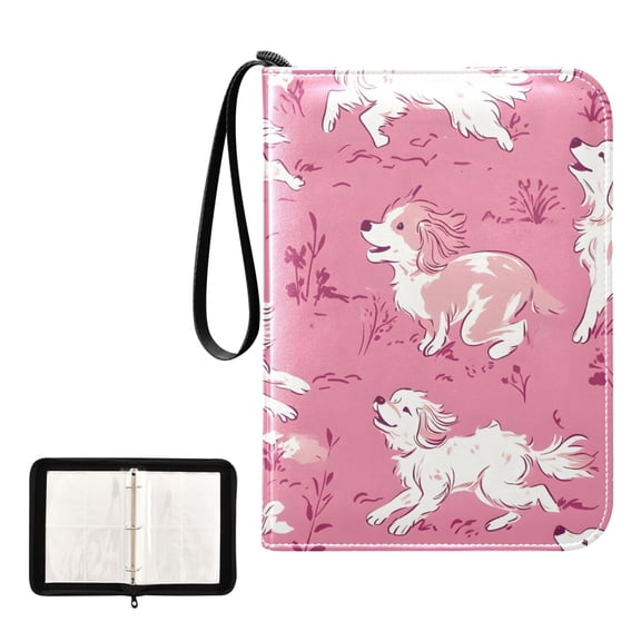 Trading Card Binder Album 400 Pockets 50 Removable 4-Pocket Pages Waterproof White Dogs on Pink Grass