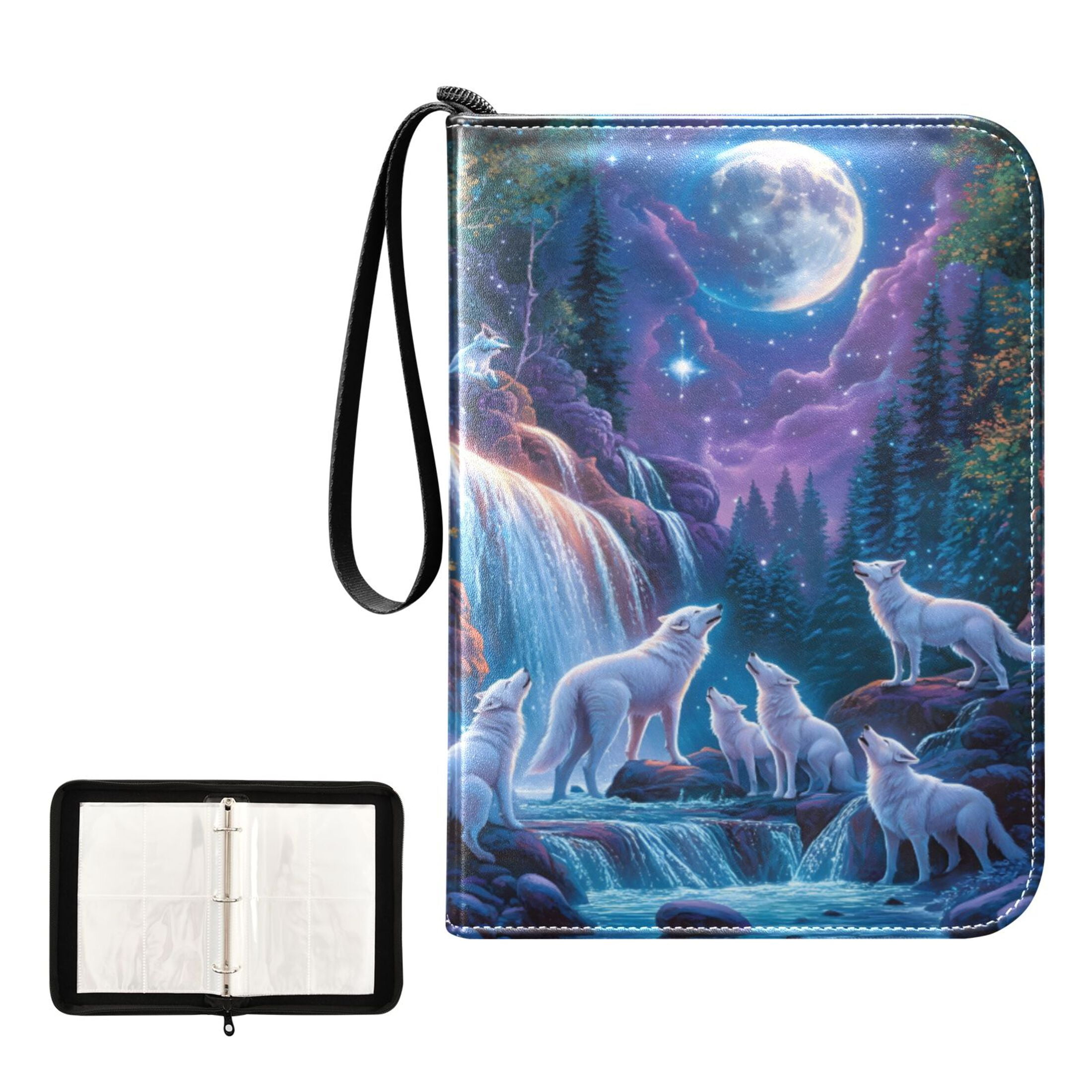 Trading Card Binder Album 400 Pockets 50 Removable 4-Pocket Pages Waterproof White Wolf and Waterfall Moon