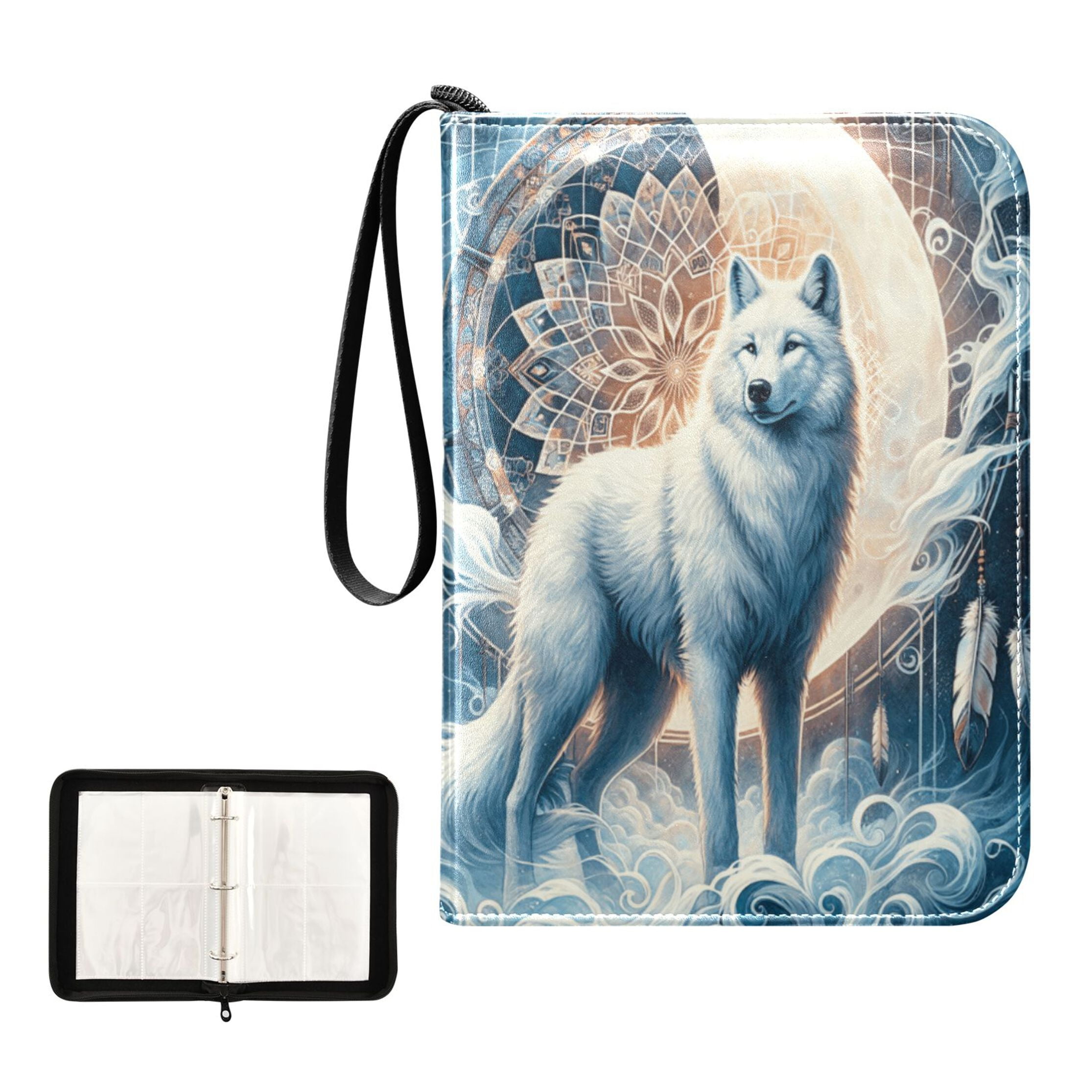 Trading Card Binder Album 400 Pockets 50 Removable 4-Pocket Pages Waterproof Wolf with Bright Moon