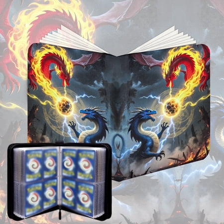 Trading Card Binder Card Binder Holder: 4-Pocket for Trading Cards Holder Sleeves Portable Card Collector Book Fits 440 Cards with 55 Removable Sleeves with Zipper(Double Dragon)