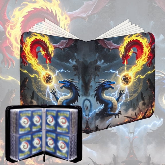 Trading Card Binder Card Binder Holder: 4-Pocket for Trading Cards Holder Sleeves Portable Card Collector Book Fits 440 Cards with 55 Removable Sleeves with Zipper(Double Dragon)