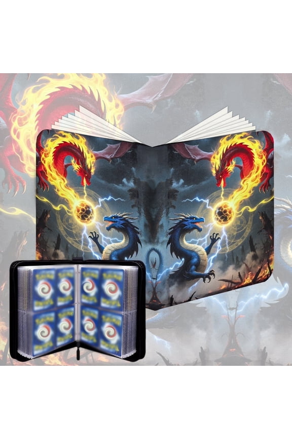 Trading Card Binder Card Binder Holder: 4-Pocket for Trading Cards Holder Sleeves Portable Card Collector Book Fits 440 Cards with 55 Removable Sleeves with Zipper(Double Dragon)